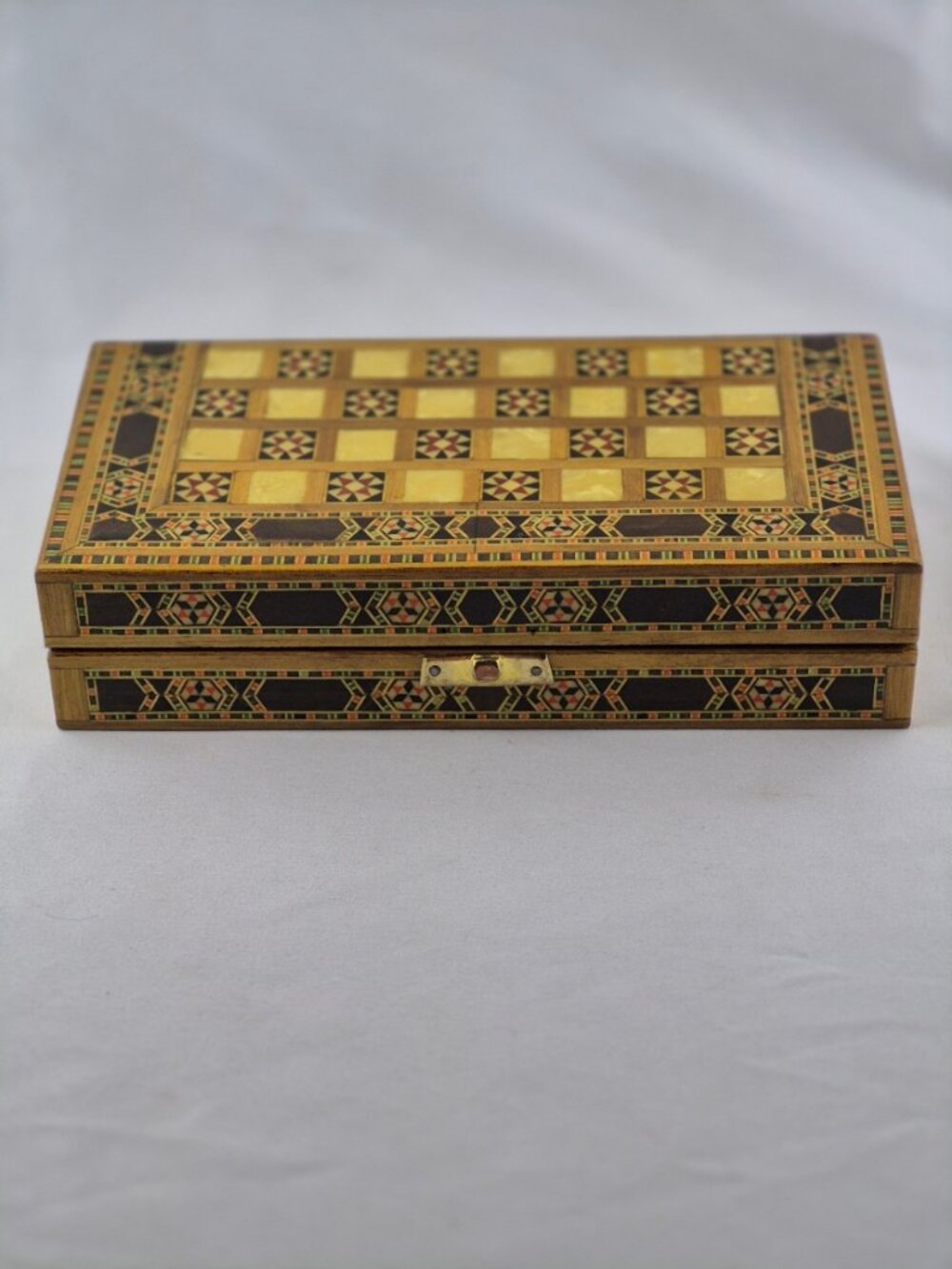 Vintage MCM Syrian Mosaic Inlaid Wood Marquetry Game Box Chess Backgammon